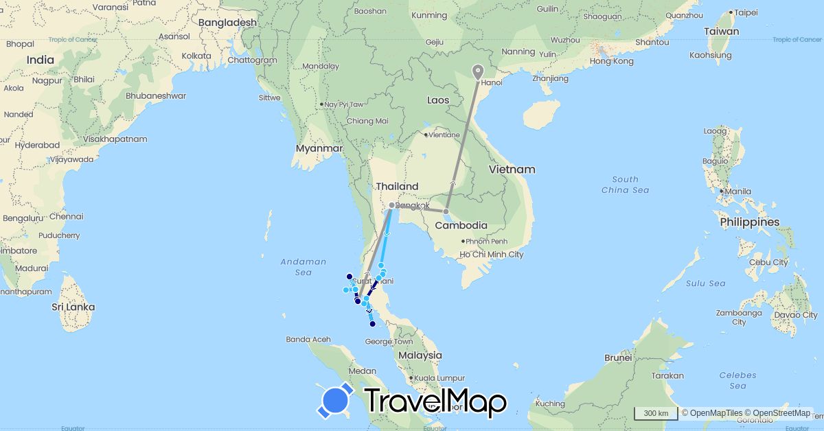 TravelMap itinerary: driving, plane, boat in Cambodia, Thailand, Vietnam (Asia)